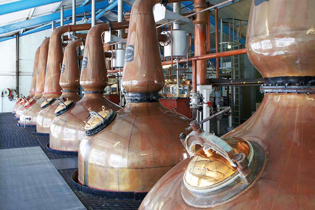 Copper spirit stills in Laphroaig distillery on Islay