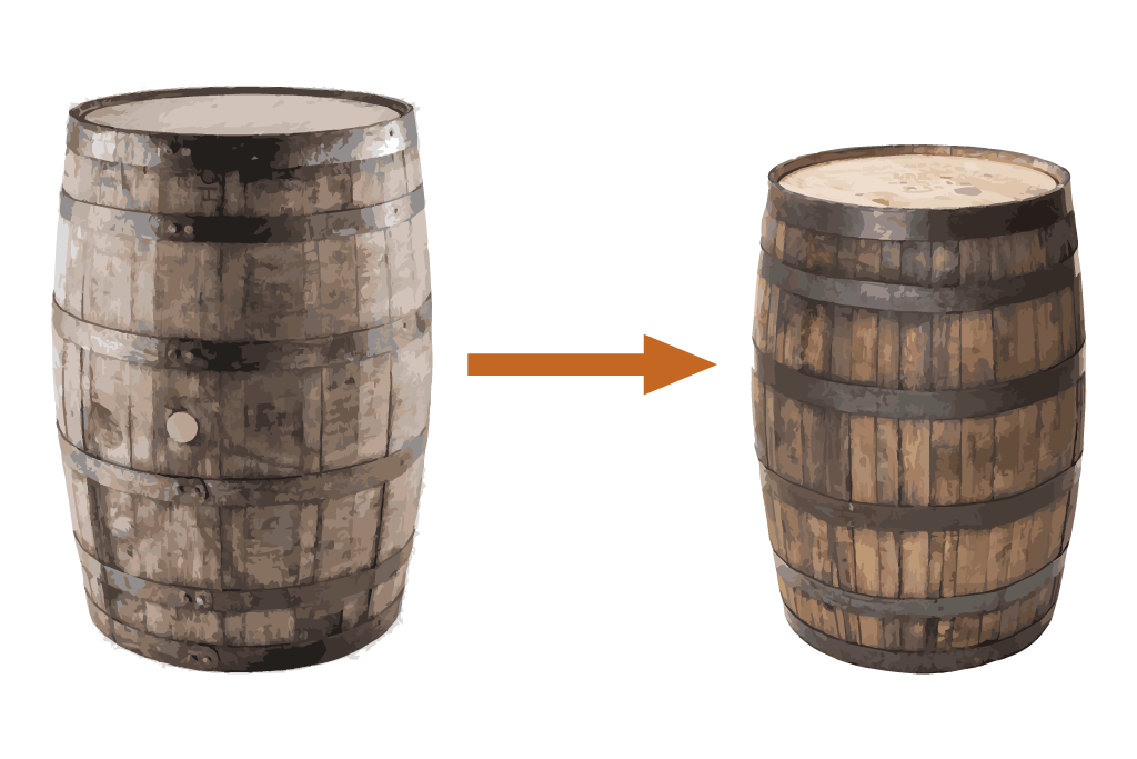 Illustration of two whiskey barrels explaining the double barrel maturation process
