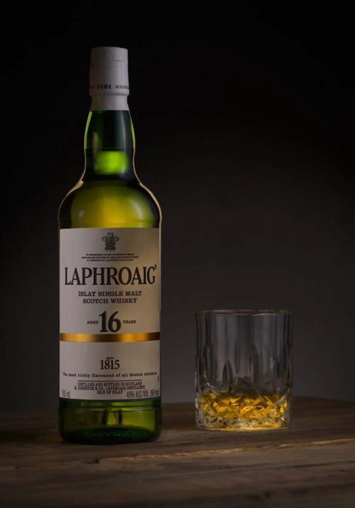 Laphroaig 16 whisky bottle