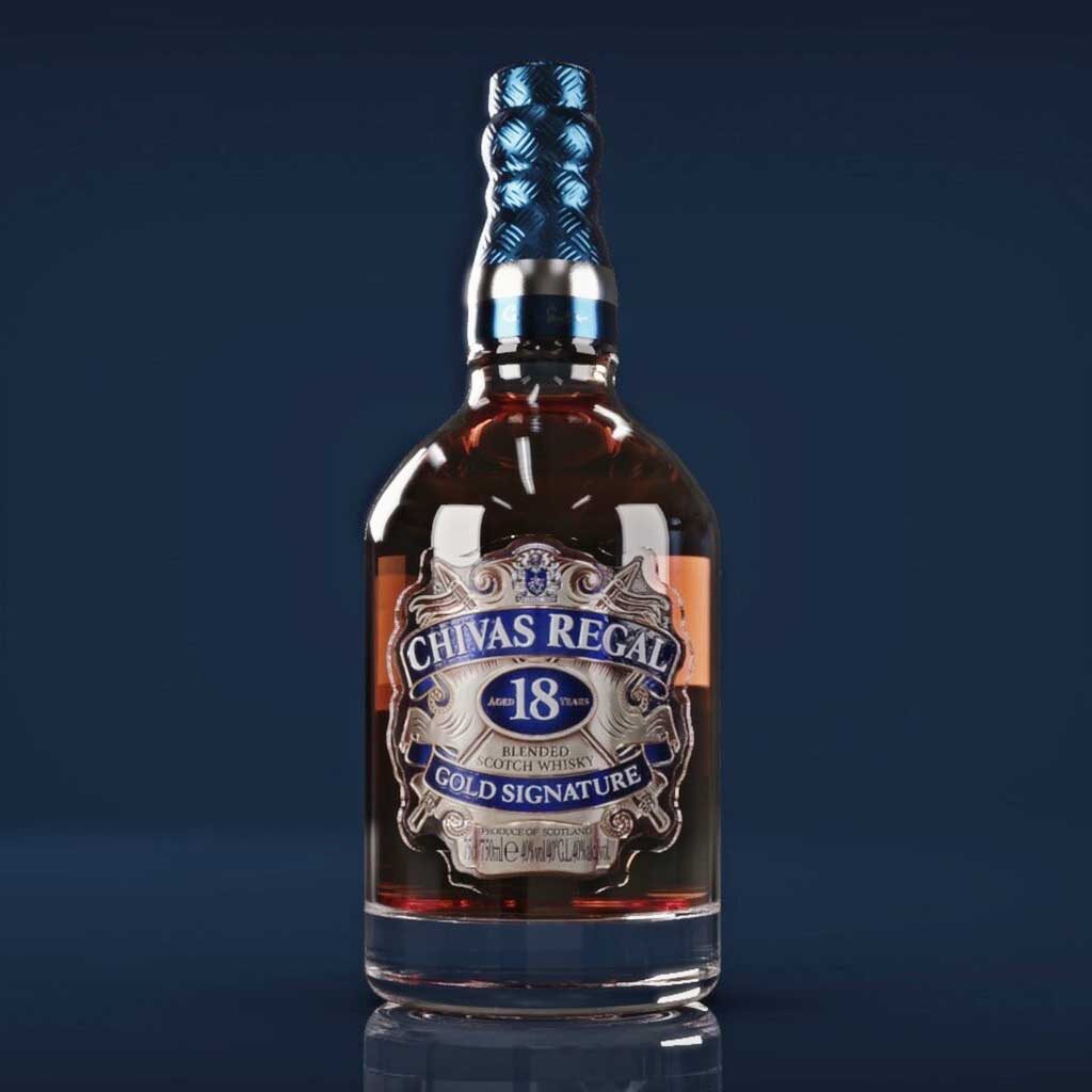 Bottle of Chivas Regal 18 year old whisky in front of blue background