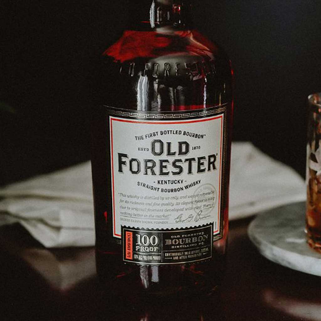 Bottle of Old Forester 100 proof whisky