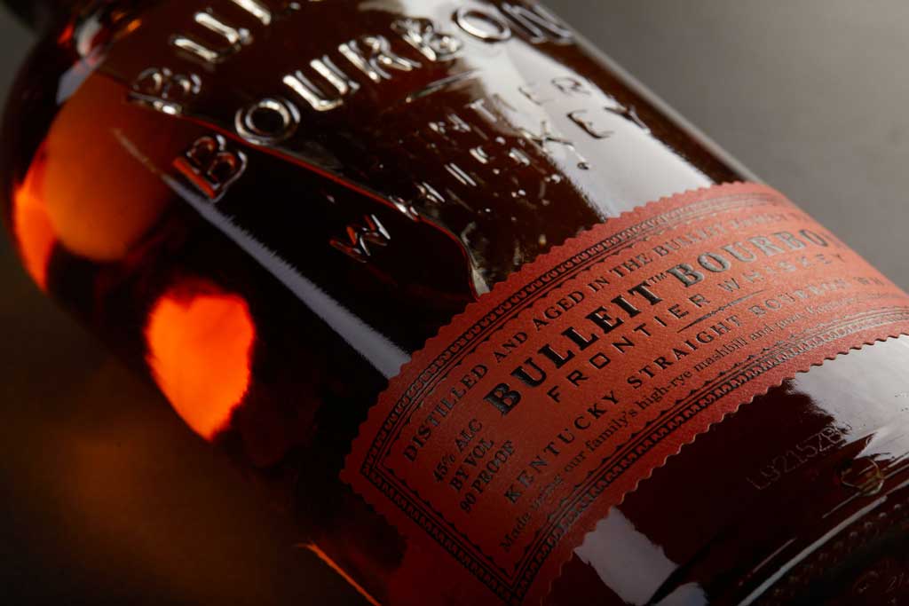 Close view of Bulleit Bourbon Kentucky whiskey bottle
