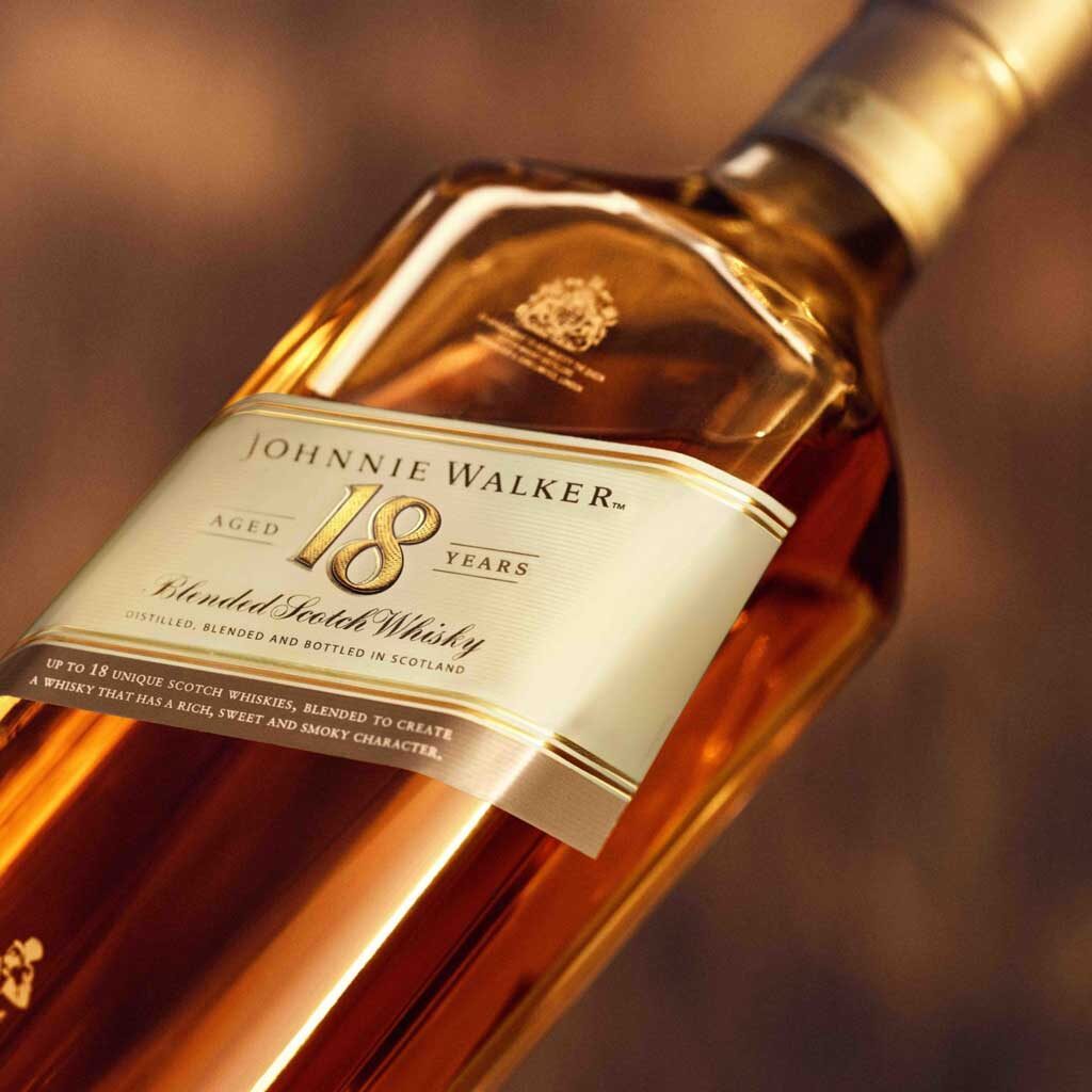 Close view of Johnnie Walker 18 year old whisky bottle