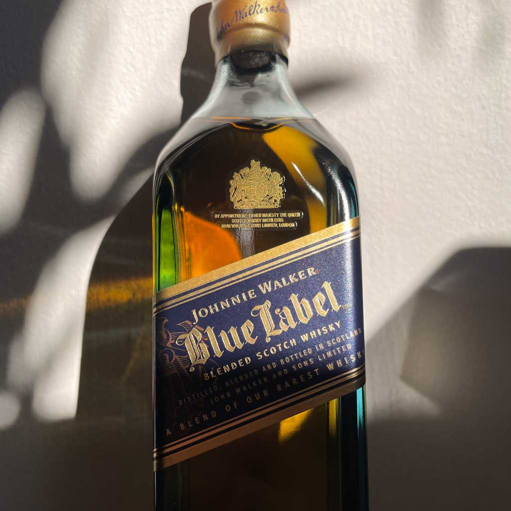 Close view of Johnnie Walker Blue Label whisky bottle