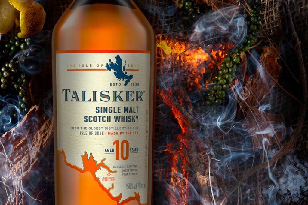 Close view of Talisker 10 whisky bottle
