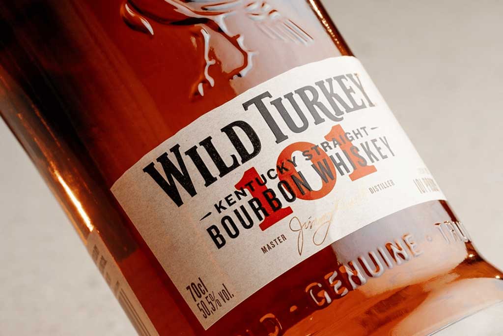 Close view of Wild Turkey 101 whiskey bottle label