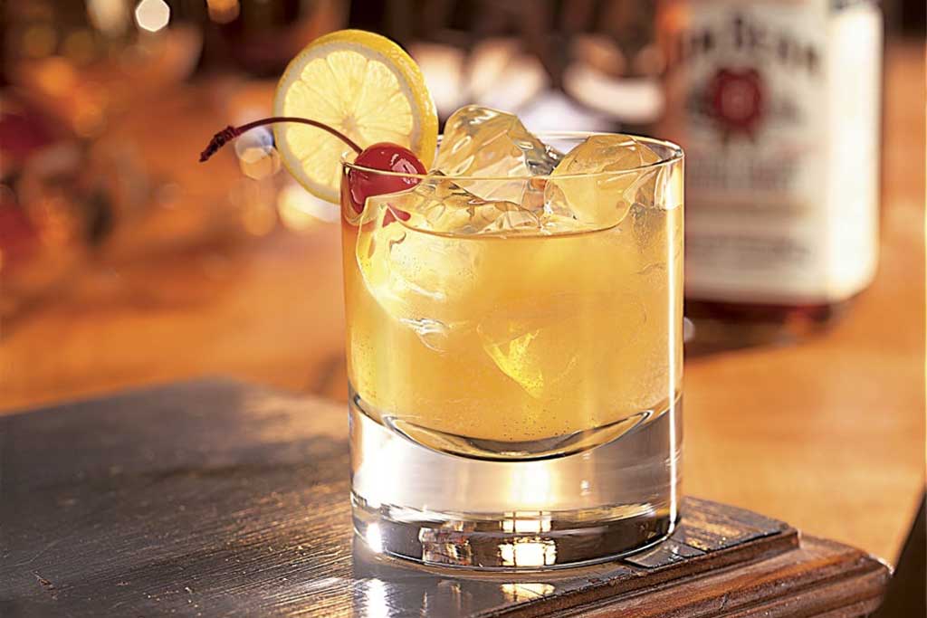 Close view of a bourbon sour cocktail drink