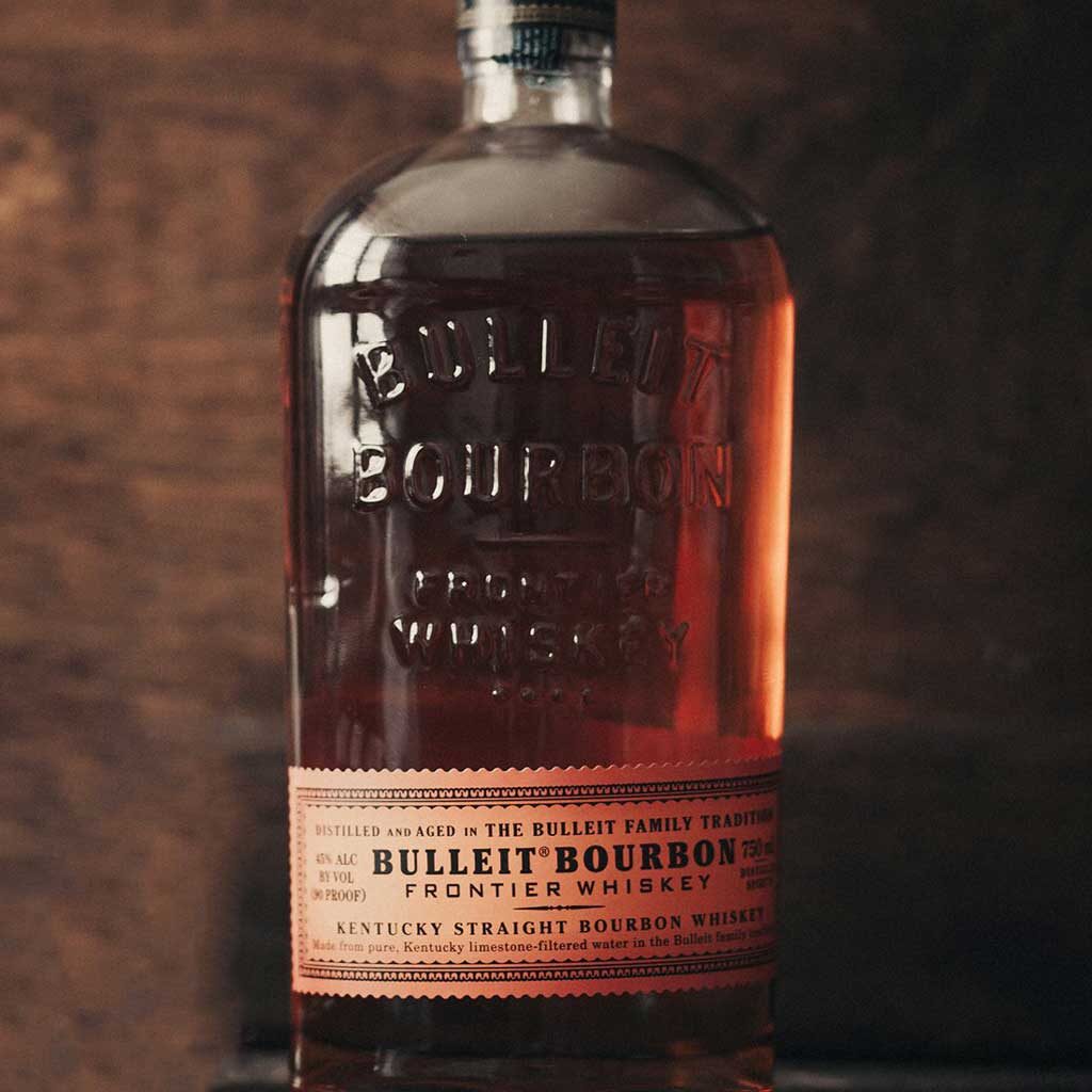 Close view of of Bulleit Bourbon bottle