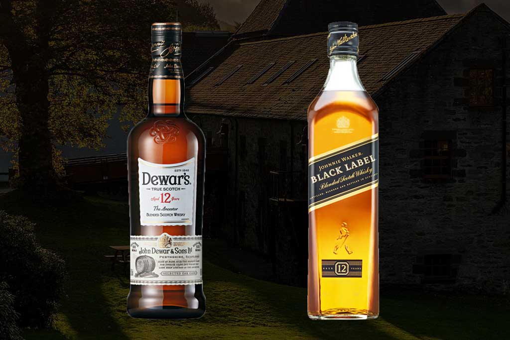 Dewars 12 year old and Johnnie Walker Black label whisky bottles side by side