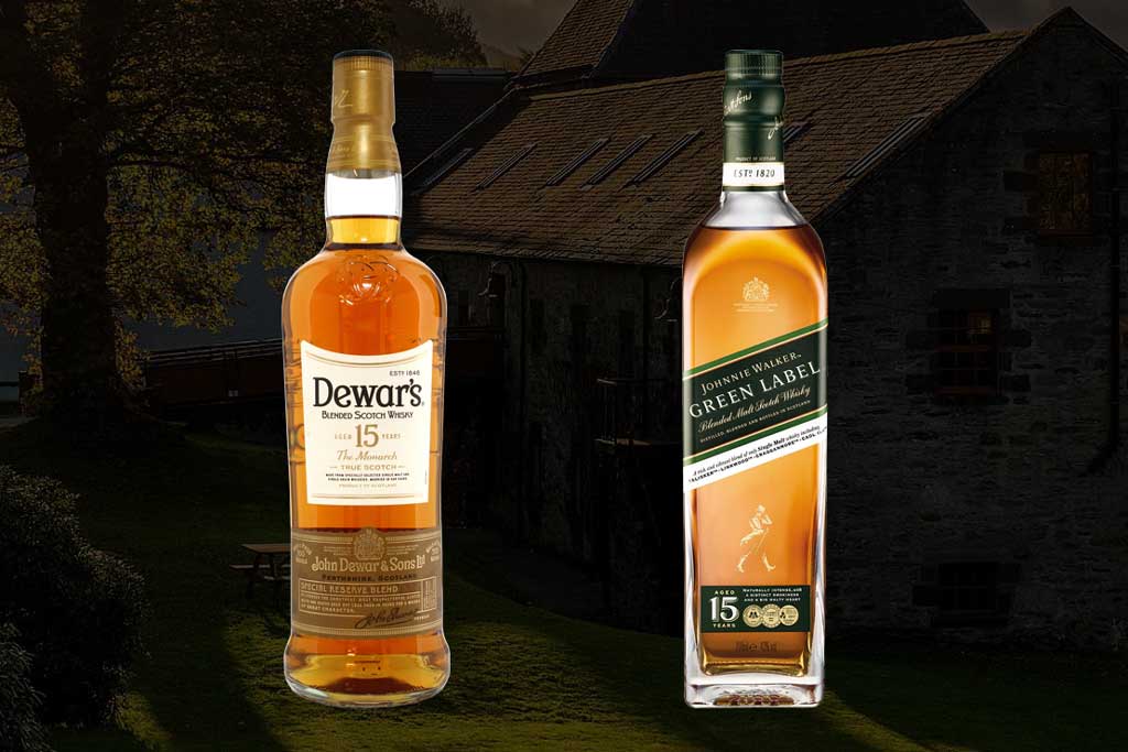 Dewars 15 year old and Johnnie Walker Green label whisky bottles side by side