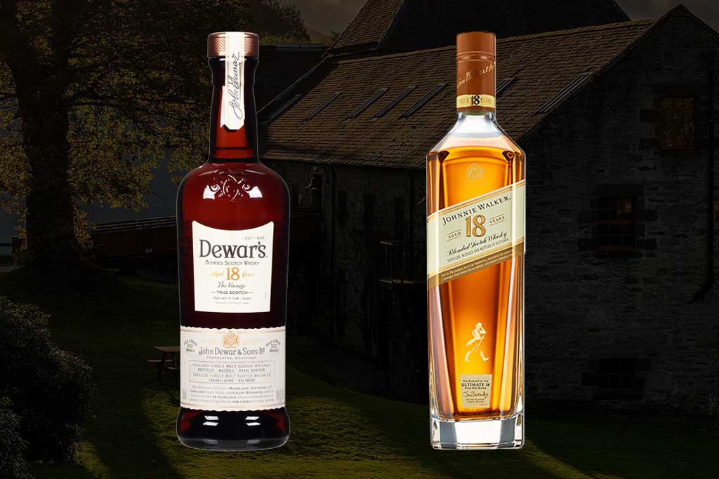 Dewars 18 and Johnnie Walker 18 year old whisky bottles side by side
