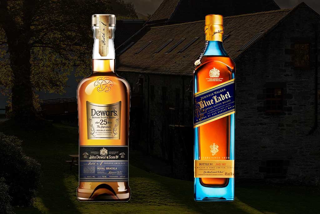 Dewars 25 year old whisky and Johnnie Walker Blue Label whisky bottles side by side
