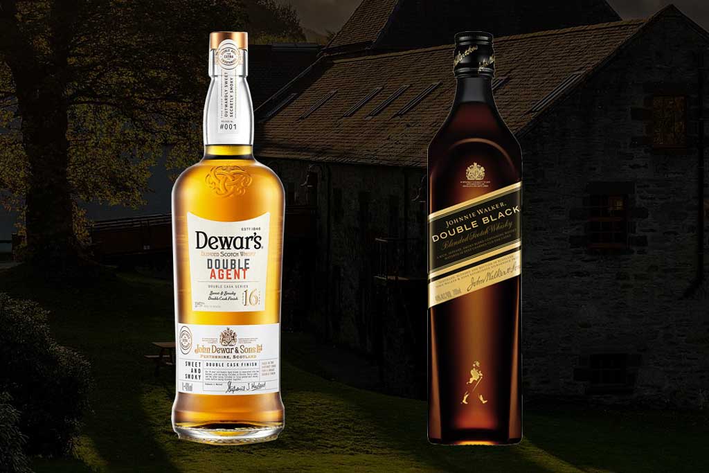 Dewars Double Agent whisky bottle beside Johnnie Walker Green Label
