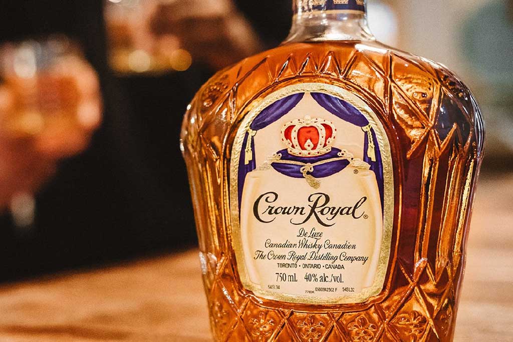 Close view of Crown Royal Canadian blended whisky bottle