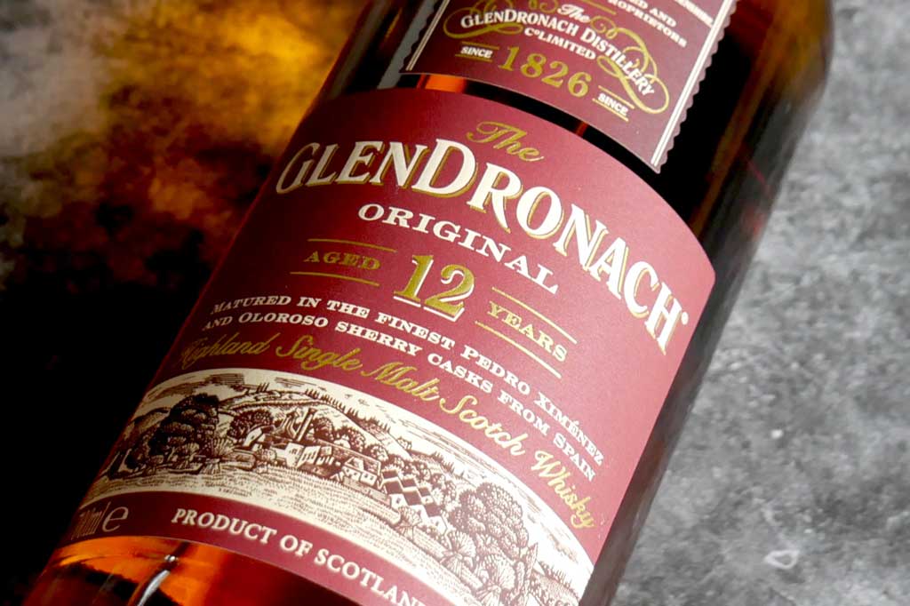 Close view of GlenDronach 12 whisky bottle label