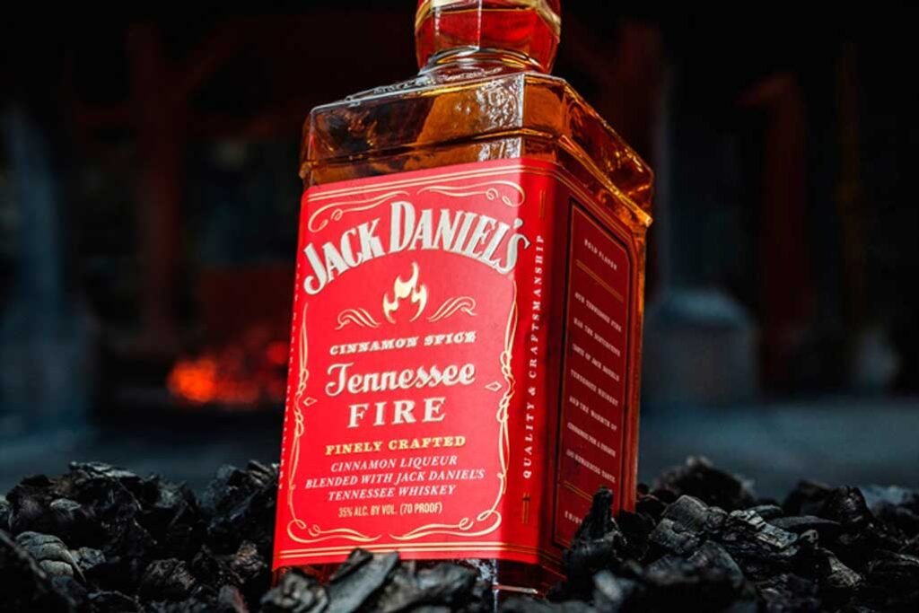 Close view of Jack Daniel's Tennessee Fire whiskey bottle