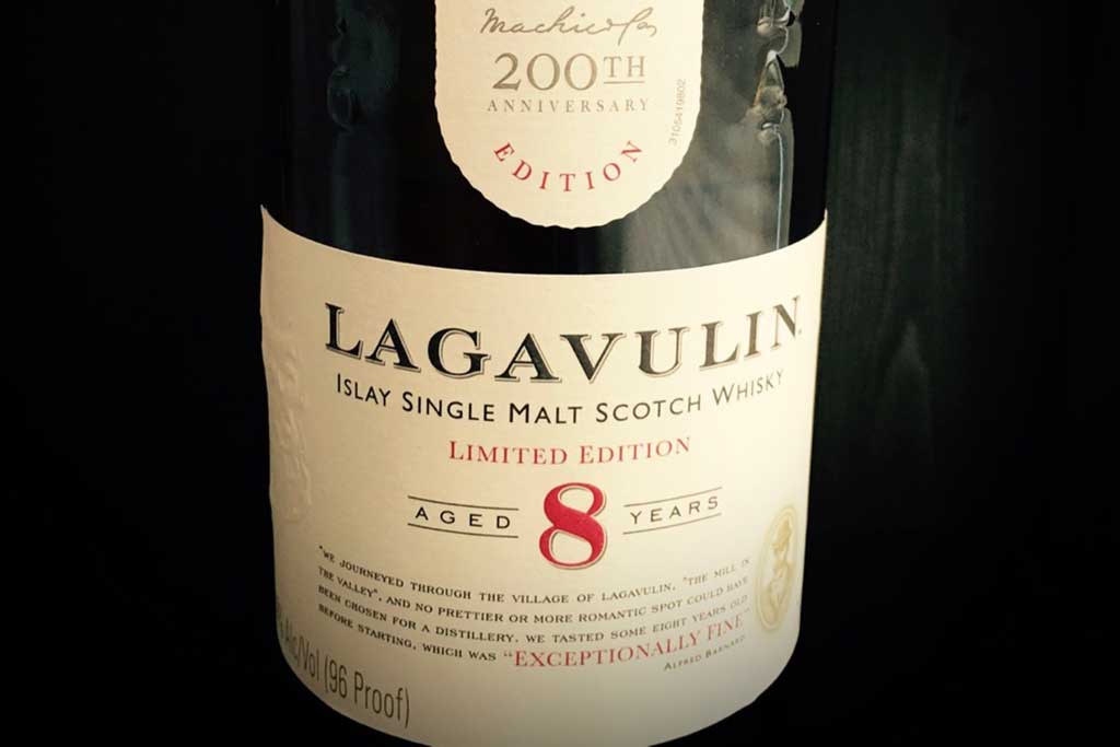 Close view of Lagavulin 8 year old Scotch whisky bottle
