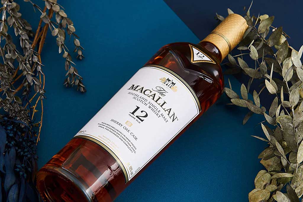 Close view of Macallan 12 year old Sherry Cask whisky bottle