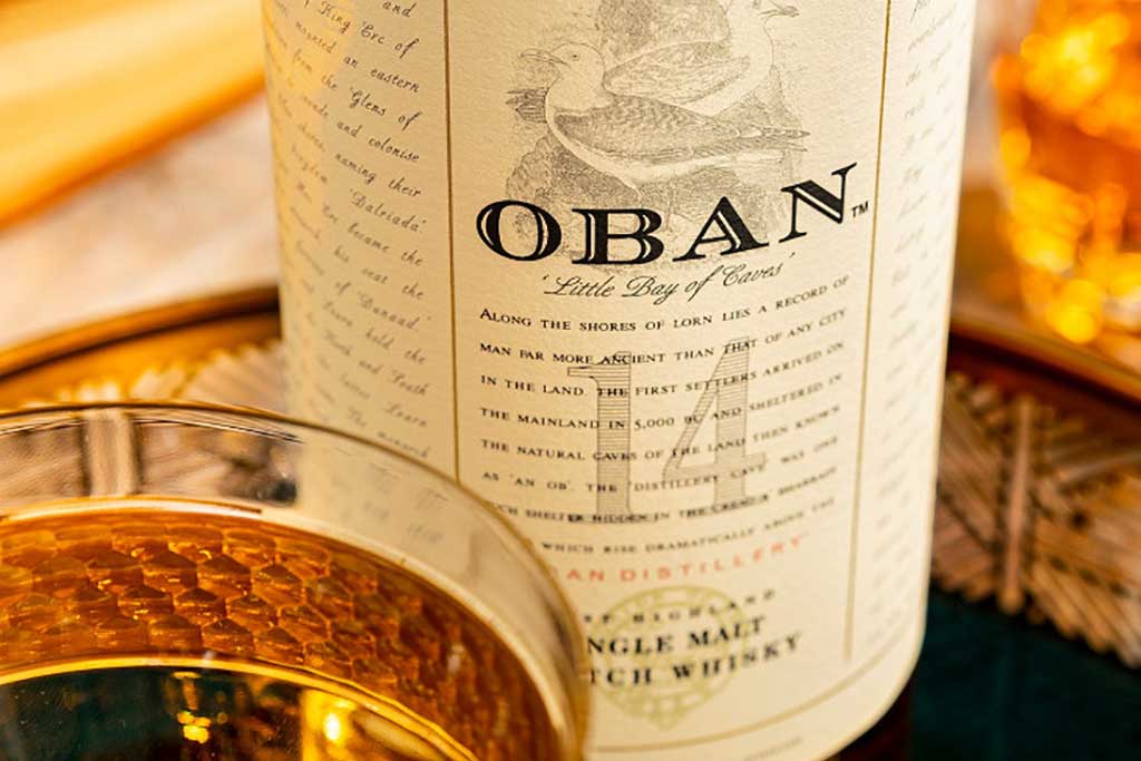 Close view of Oban 14 year old whisky bottle label