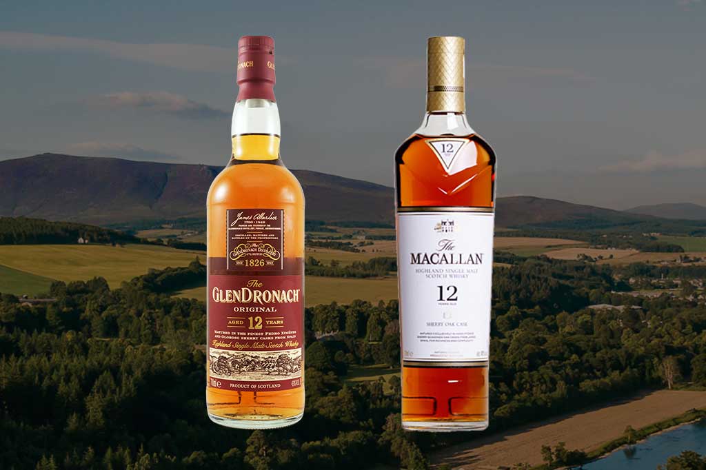 GlenDronach 12 and Macallan 12 year old whisky bottles side by side