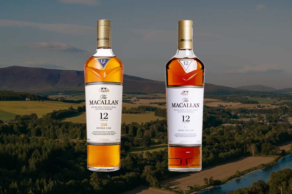 Macallan 12 Double Cask whisky bottle beside Macallan 12 Sherry Cask whisky bottle