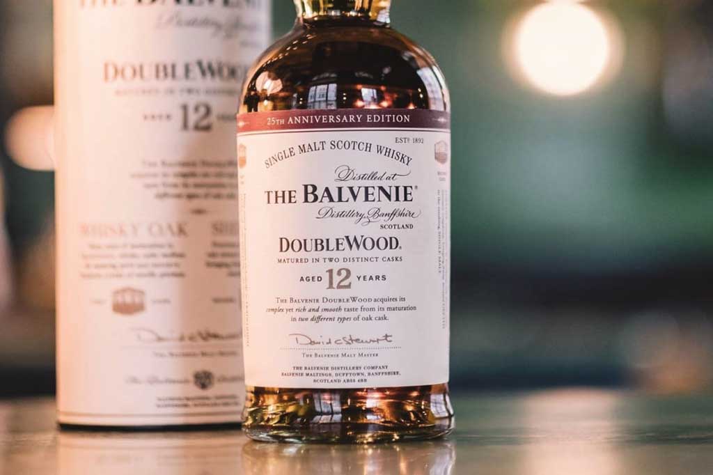 Close view of Balvenie DoubleWood 12 Year Old Whisky bottle