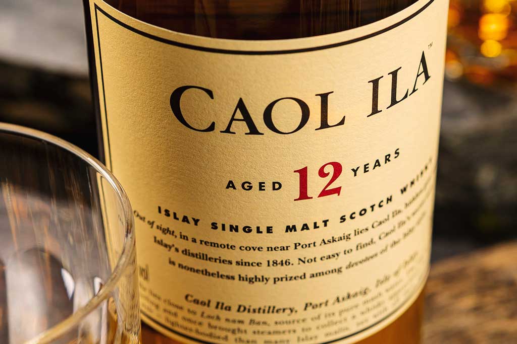 Close view of Caol Ila 12 Year Old Whisky bottle