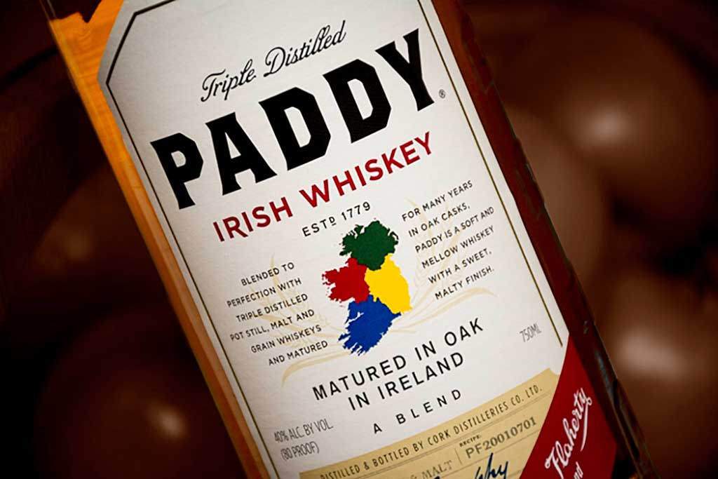 Close view of Paddy blended Irish whiskey bottle label