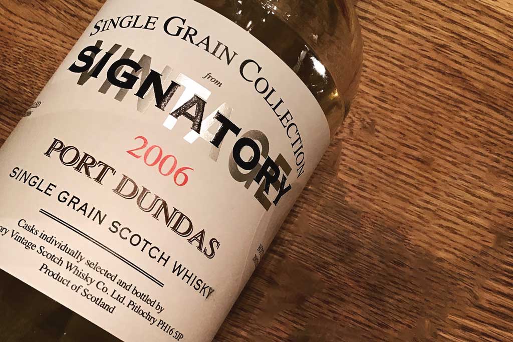 Close view of Port Dundas Signatory 15 Year Old single grain Scotch whisky bottle