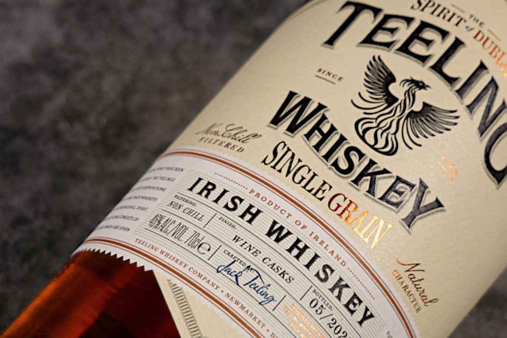 Close view of label on Teeling Single Grain Irish Whiskey bottle