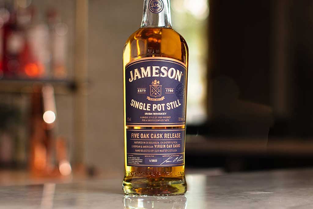 Jameson Single Pot Still Irish whiskey on bar top