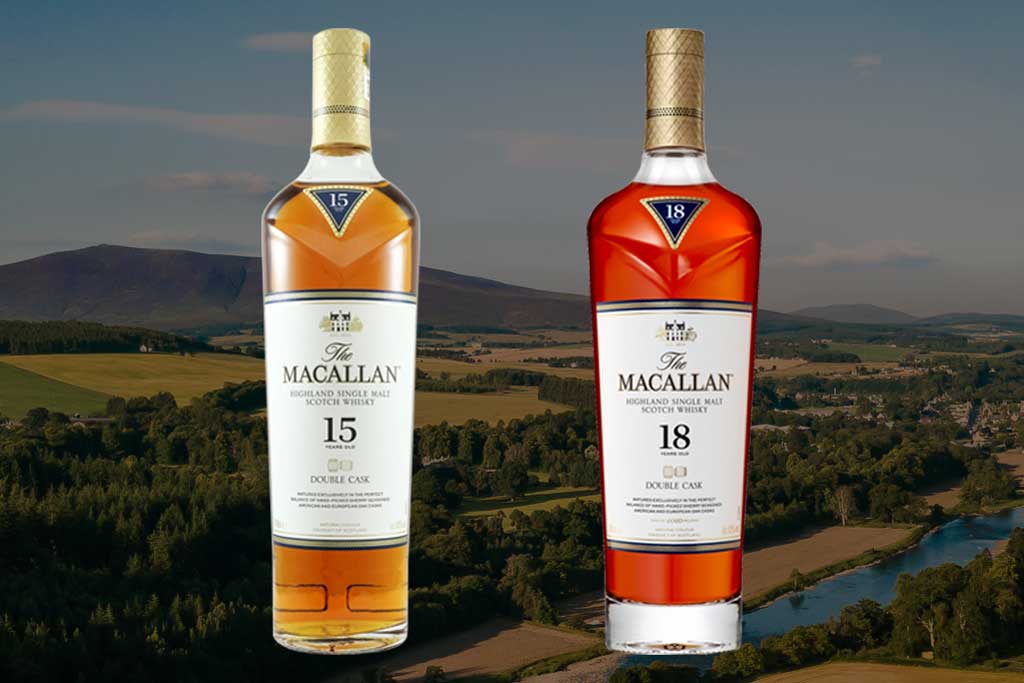 Bottles of Macallan 15 and 18 year old Double Cask whisky side by side
