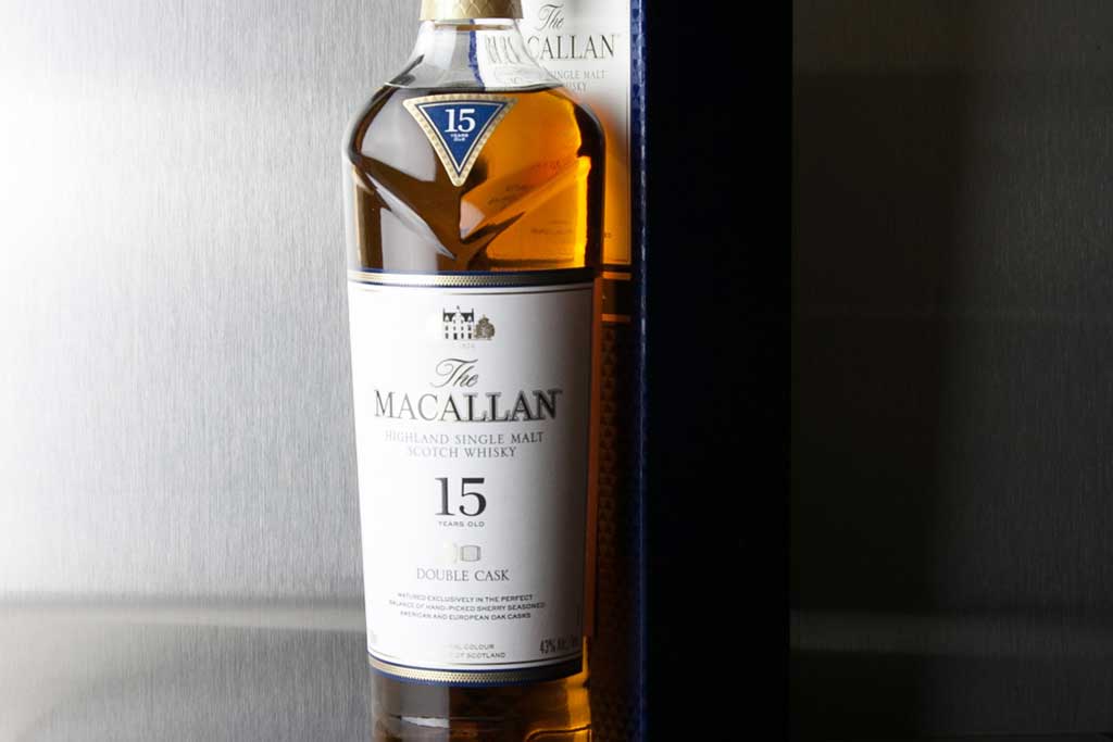 Close view of Macallan 15 year old Double Cask Scotch whisky bottle