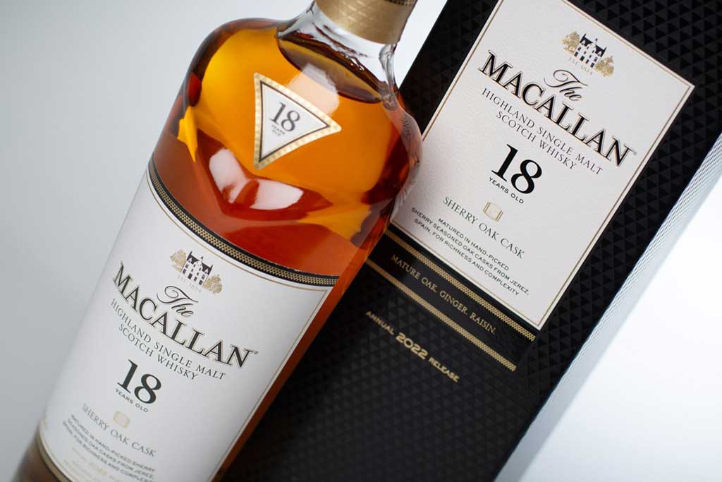 Close view of Macallan 18 Sherry Oak single malt whisky bottle