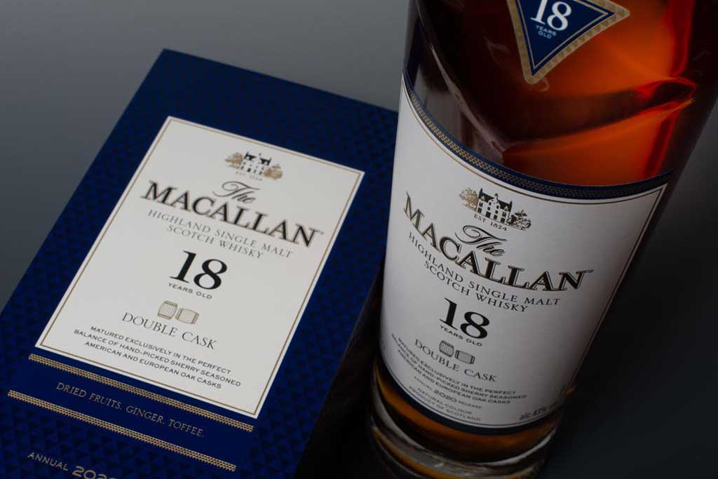 Close view of Macallan 18 year old Double Cask Scotch whisky bottle