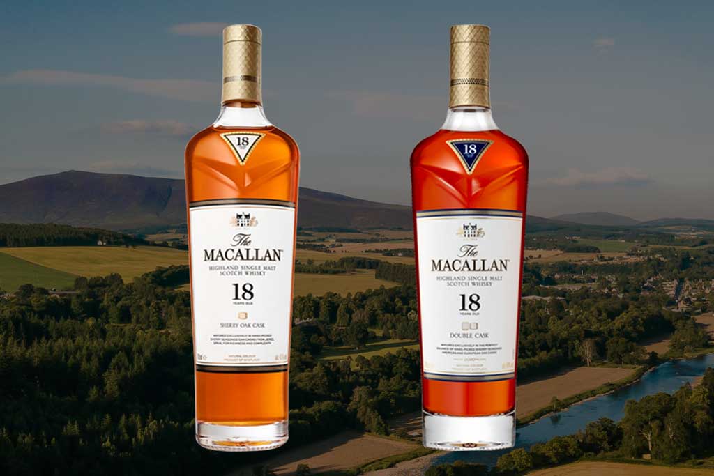 Macallan 18 Sherry Oak whisky beside bottle of Macallan 18 Double Cask whisky