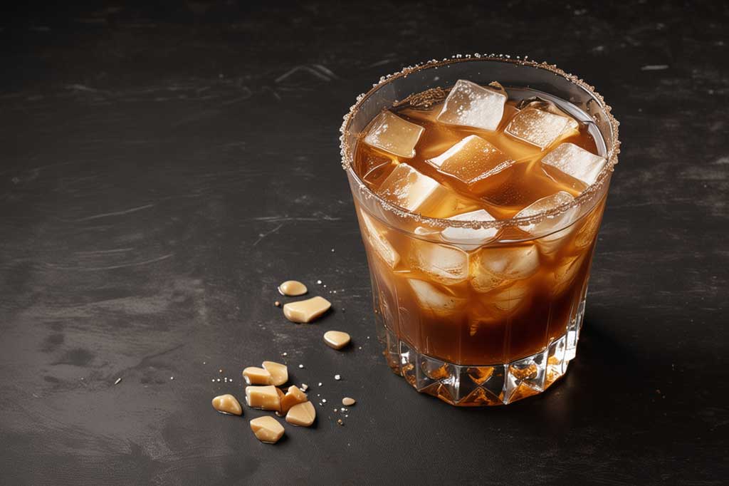 Salted caramel whiskey cocktail on dark marble surface
